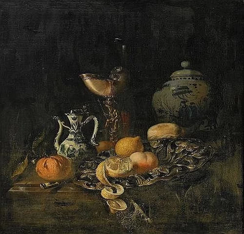 Natura morta con frutta, boccale, brocca e nautilus
